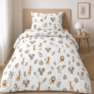 100% cotton neutral safari animal bedding set on a UK single bed