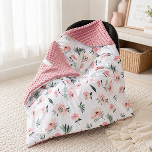 Baby Girl Car Seat Blanket with Hood / Wrap - Pink Flowers