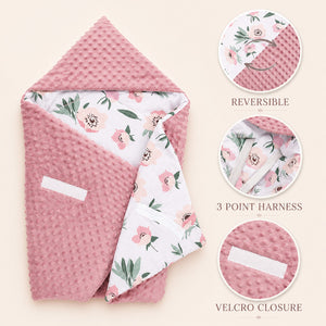 Baby Girl Car Seat Blanket with Hood / Wrap - Pink Flowers