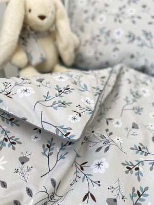 Baby Girl Cot Bedding Set – 100% Cotton – Sage Green & White Floral on Light Beige-Grey – Cot & Cot Bed Sizes