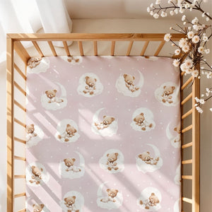 Baby Girl Fitted Sheet – 100% Pure Cotton Soft Pink Nursery Bedding with Teddy Bears on Clouds