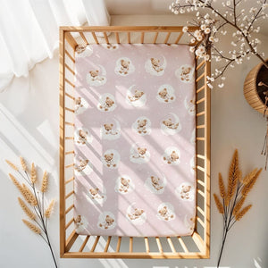 Baby girl fitted sheet in 100% pure cotton with teddy bears on clouds, soft pink nursery crib bedding, breathable and gentle for newborns
