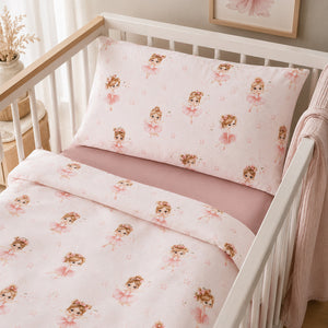 Ballerina baby bedding set UK with pink cotton cot duvet cover, pillowcase and light dusty pink fitted sheet in white cot bed