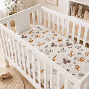 Beige Neutral Safari baby fitted sheet on cot mattress