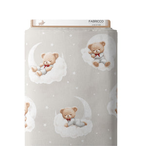 Warm beige teddy bear cotton fabric with sleepy bears on clouds, ideal for neutral nursery décor, quilting, cot bedding and baby accessories.