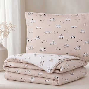 Beige cars and tractors cotton duvet cover with matching pillowcase and white piping. UK