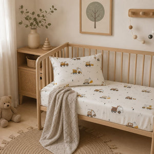 cot bed fitted sheets UK, Beige construction-themed baby fitted sheet with trucks, diggers and tractors, 100% cotton