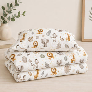 Beige neutral kids safari single duvet cover set with lions giraffes elephants and zebras. Fabricco UK
