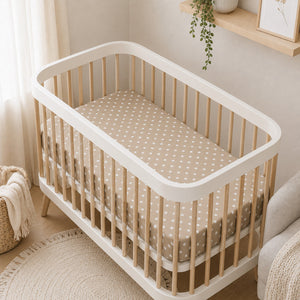 Beige polka dot Nestig Mini crib fitted sheet in 100% cotton, made in the UK Fabricco baby shop
