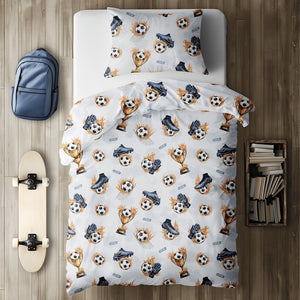 Shop this boys single duvet cover set made from soft 100% cotton. Fun football design with soccer balls, boots, gloves & trophies—perfect kids bedding in the UK.