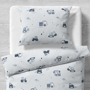 single duvet cover, handcrafted cotton bedding, construction duvet set, summer bedding UK, digger bed set, truck bedding for boys