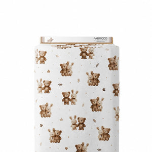 Beige and brown bunny and teddy bear cotton fabric with small leaves on a light background for nursery sewing projects
