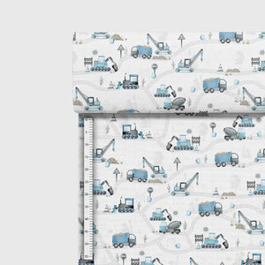 Diggers Cotton Fabric Blue Construction Vehicles Kids 100% Cotton