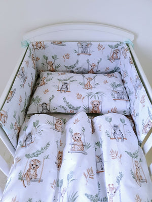 reversible cot bedding set, safari animal nursery, cot bedding with bumper, sage green nursery bedding, baby bedding for boys and girls.