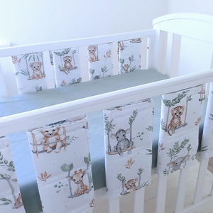 cot bed wraps, breathable cot bumpers, padded cot wraps, jungle animal nursery bedding, baby cot accessories, cot rail protectors