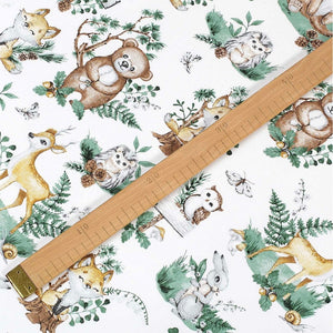 sage green leaves fabric, woodland print, fox and deer fabric, quilting cotton UK, kids' fabric, sewing material