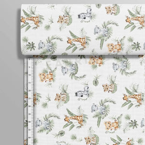 Cute Jungle Animals cotton fabric on a roll in sage green, beige and warm brown safari colours
