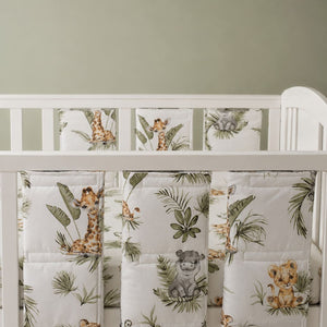 Detail photo of Cute Jungle Friends baby bedding and cot wraps showing the animal print clearly on soft 100 percent cotton fabric