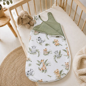 Cute Jungle baby sleeping bag 2.5 TOG open to show sage green lining