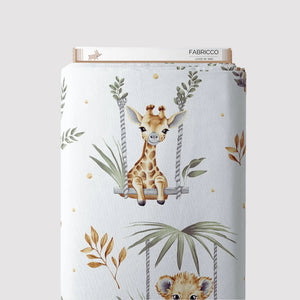 Cute Safari Animals sage green cotton fabric by the metre from Fabricco UK with beige and brown jungle animals for nursery sewing.
