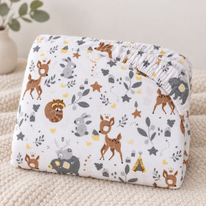 Forest Friends cot and cot bed fitted sheet with deer, bear and bunny print, handmade in the UK from OEKO-TEX cotton