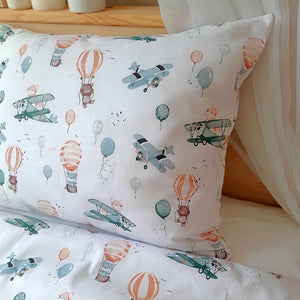 Hot Air Balloons and Airplanes single bed bedding set in sage green – features whimsical balloon, airplane, and forest animal print – 100% cotton – includes duvet cover, pillowcase, and optional matching fitted sheet