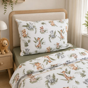 Beige jungle safari animals single bedding set with lions, giraffes and zebras on a standard UK single bed.
