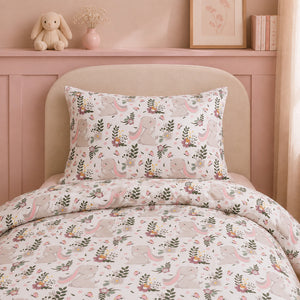 Little Bunny and meadow single bedding set in blush pink and sage green, handmade in the UK from 100% OEKO-TEX cotton.