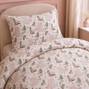 Little Bunny & Meadow single bedding set in soft pink with sage green details. Made in the UK from 100% OEKO-TEX® cotton.