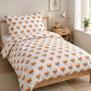 Orange fox single bed bedding set in a Scandinavian children’s bedroom, 100% cotton UK single duvet and pillowcase