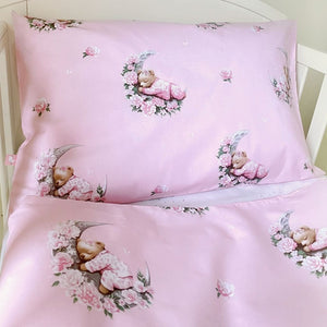 Pink Little Teddy Bear Bedding Set for Baby Cot and Toddler Bed, Soft 100% Cotton, Handcrafted Nursery Bedding for Baby Girls, Cozy Duvet and Pillow with Moon and Flower Design
