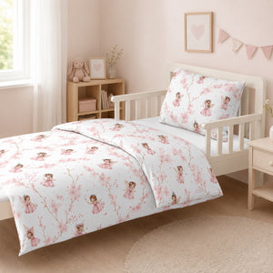 Pink fairy single bedding set for girls on a standard UK single bed, made from 100% OEKO-TEX® cotton.