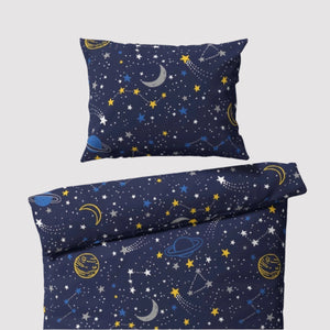 Space-themed pure cotton duvet cover and pillowcase set for a single bed, featuring planets and stars for a cosy and breathable sleep