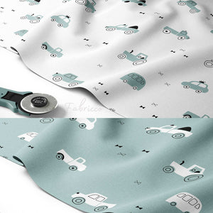 Vroom Vroom sage green cars and tractors cotton fabric by the metre from Fabricco UK for children’s sewing, bedding and craft projects. UK