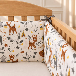 woodland animals padded cot bumper handmade in the UK from OEKO-TEX® cotton with coordinating grey ties.