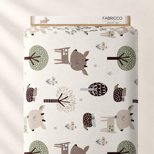 Woodland deer and hedgehog cotton fabric wrapped around a Fabricco bolt, with beige, brown and muted green details