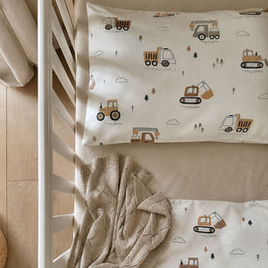 Construction Vehicles Bedding Set – 100% Cotton Toddler Cot Bedding, Beige Nursery Theme, Diggers, Tractors, Trucks