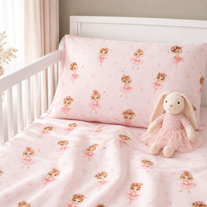 baby girl nursery with pink ballerina cot bedding set, white cot bed and soft cotton ballet dancer print, Fabricco Baby Shop UK