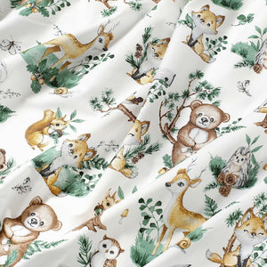 cotton fabric with sage green leaves and forest animals, including foxes, teddy bears, squirrels, and deer—ideal for quilting, crafts, and home décor.