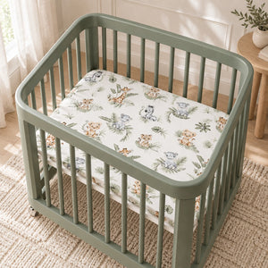 Jungle Animals fitted sheet with watercolour animals and sage green leaves in a sage green Nestig-style mini crib.