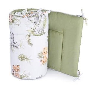 Reversible safari cot bed bumper showing the jungle animal print and coordinating sage green reverse for a 70 × 140 cm UK cot bed.