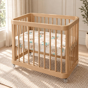 Safari Pilots fitted sheet with animal pilots and mint aeroplanes in a natural wood Nestig Mini crib