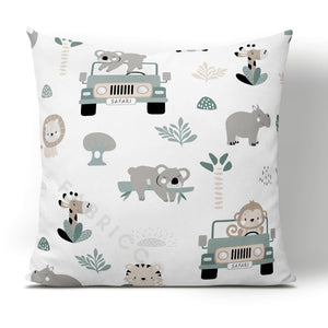 Safari Adventure jeep jungle animals in trendy sage green cotton fabric. It's a top-seller, perfect for all your creative nursery sewing projects