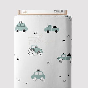 kids cotton fabric, sage green cars, baby shop uk , Fabricco