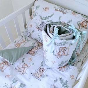 reversible cot bedding set, cot bumper,safari animal nursery, cot bedding with bumper, sage green nursery bedding, baby bedding for boys and girls.