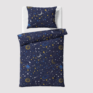 Space-themed pure cotton duvet cover and pillowcase set for a single bed, featuring planets and stars for a cosy and breathable sleep
