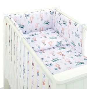 COT BEDDING SET WITH BUMPER FOR BOYS & GIRLS NURSERY PERFECT FOR COT BED 60 X 120 CM A beautiful cot bedding set featuring vintage style hot air balloons and airplanes which makes a really dreamy effect. With a soft colour palette and matching products available, this unique and unisex theme makes a super stylish statement in a little one's room. made with 100% cotton which won't irritate baby's skin 2-sided Sky World-themed print design comfortable, safe and breathable