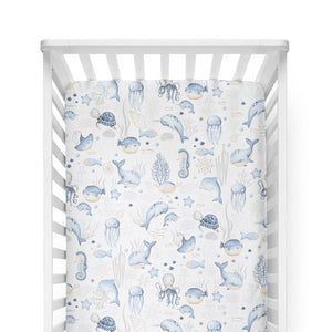 Sea Life Blue Cotton Fitted Sheet - Cot and Cot Bed