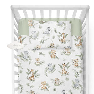 Baby Jungle Animals 100% Cotton Duvet Cover Set – Cot or Cot Bed – Reversible with Matching Green
