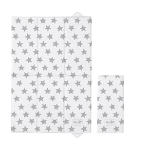 Foldable baby changing mat open to show black star print and padded wipe-clean surface